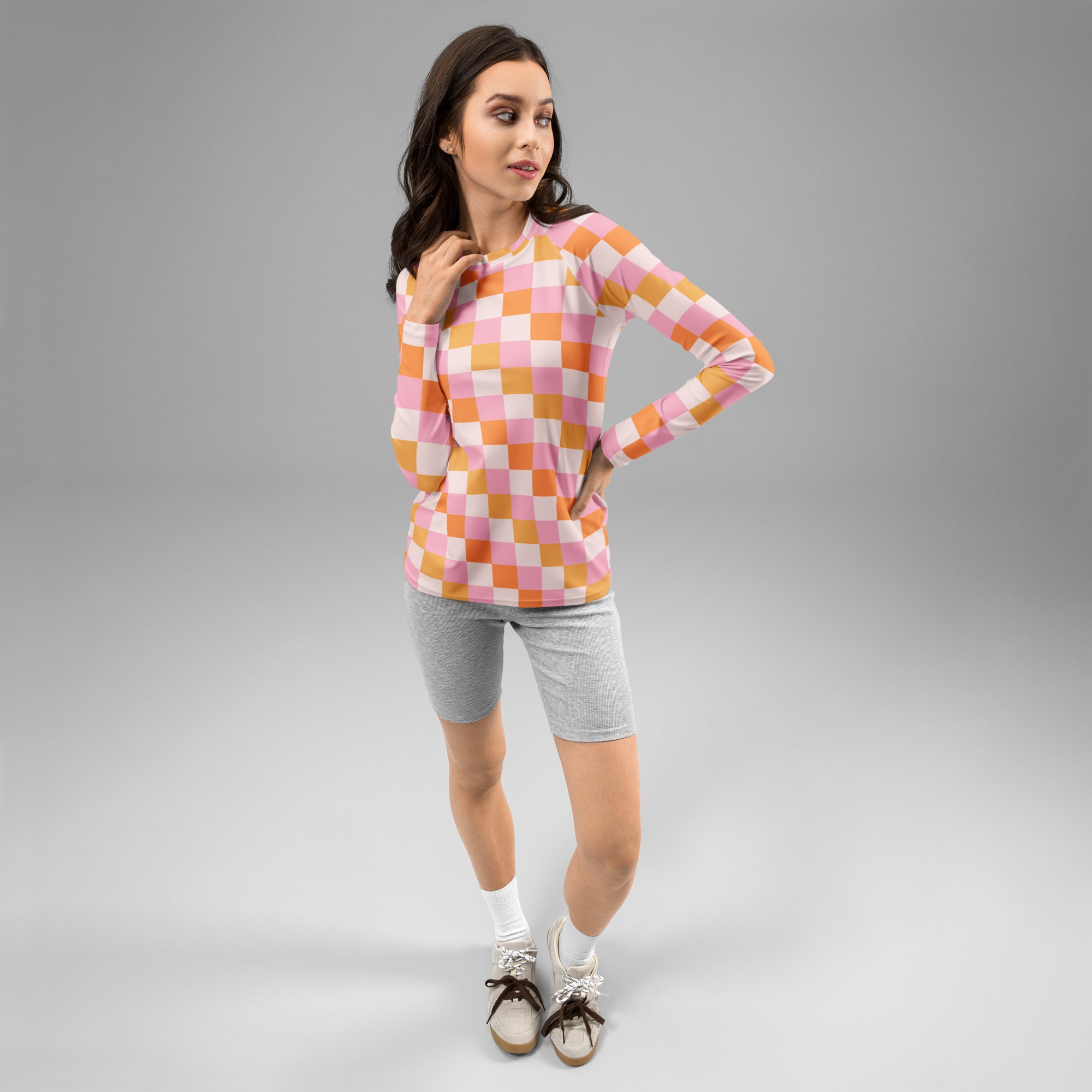 Women's Sunset Checkerboard Long Sleeve Rash Guard Swim Shirt – Buttery Soft, Sun Safe UPF 50+ Protection, Quick Dry & 4-Way Stretch Comfort