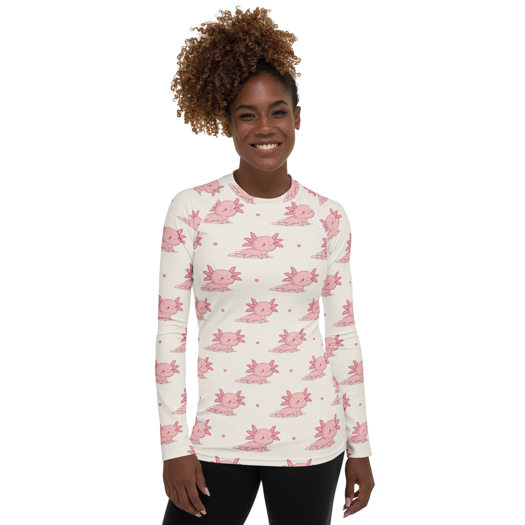 Women's Pink Axolotl Long Sleeve Rash Guard Swim Shirt – Buttery Soft, Sun Safe UPF 50+ Protection, Quick Dry & 4-Way Stretch Comfort