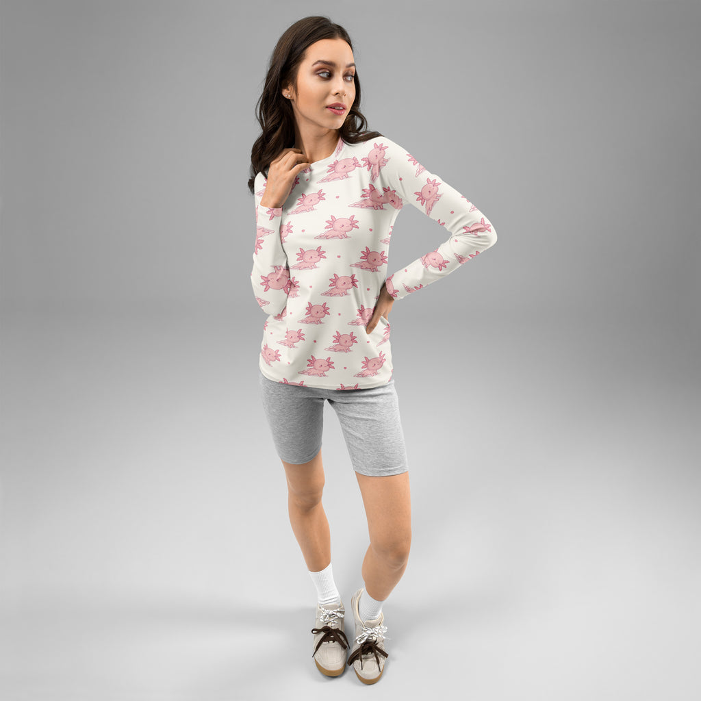 Women's Pink Axolotl Long Sleeve Rash Guard Swim Shirt – Buttery Soft, Sun Safe UPF 50+ Protection, Quick Dry & 4-Way Stretch Comfort
