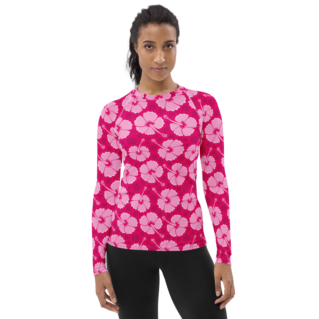 Women's Tropical Pink Hibiscus Long Sleeve Rash Guard Swim Shirt – Buttery Soft, Sun Safe UPF 50+ Protection, Quick Dry & 4-Way Stretch Comfort