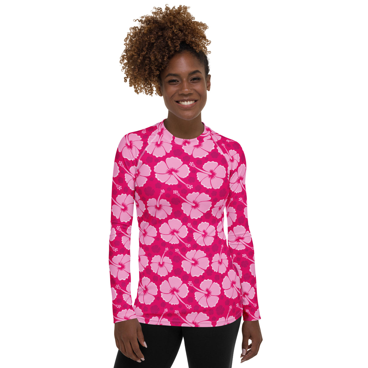 Women's Tropical Pink Hibiscus Long Sleeve Rash Guard Swim Shirt – Buttery Soft, Sun Safe UPF 50+ Protection, Quick Dry & 4-Way Stretch Comfort