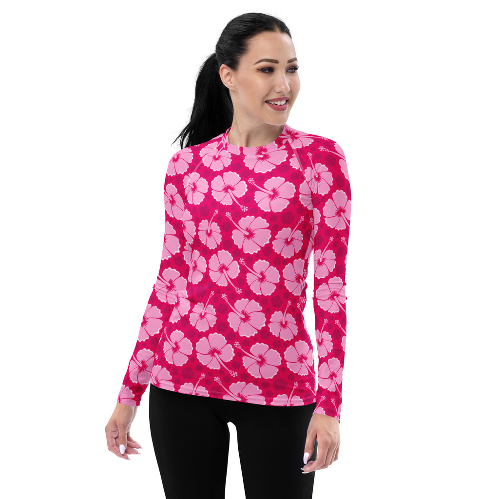 Women's Tropical Pink Hibiscus Long Sleeve Rash Guard Swim Shirt – Buttery Soft, Sun Safe UPF 50+ Protection, Quick Dry & 4-Way Stretch Comfort
