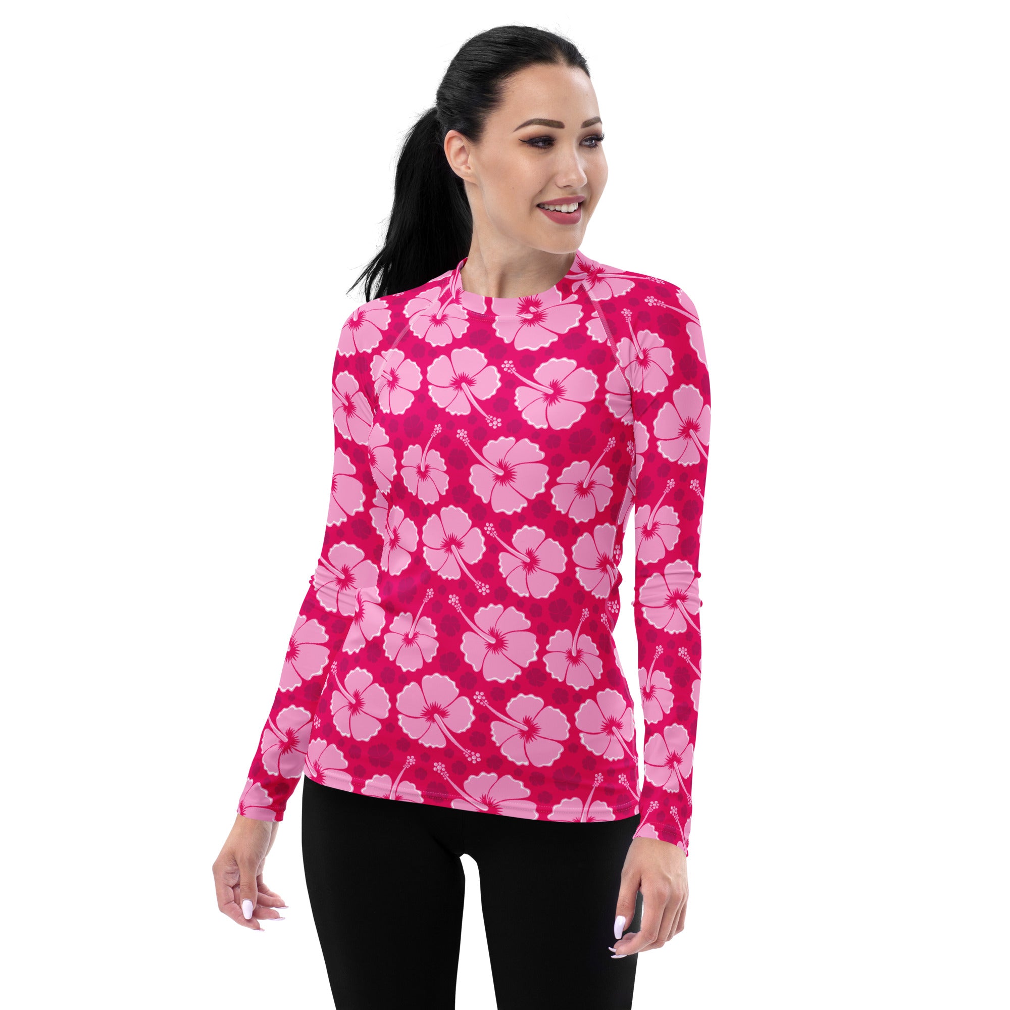Women's Tropical Pink Hibiscus Long Sleeve Rash Guard Swim Shirt – Buttery Soft, Sun Safe UPF 50+ Protection, Quick Dry & 4-Way Stretch Comfort