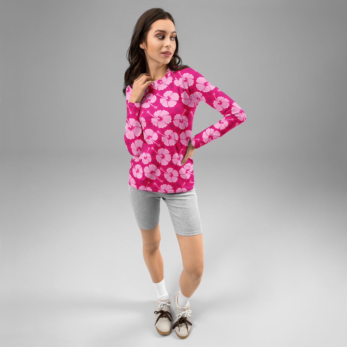 Women's Tropical Pink Hibiscus Long Sleeve Rash Guard Swim Shirt – Buttery Soft, Sun Safe UPF 50+ Protection, Quick Dry & 4-Way Stretch Comfort