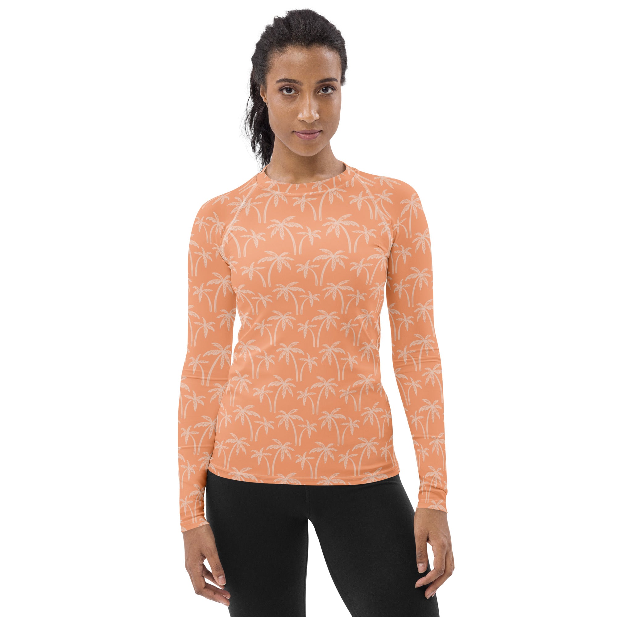 Women's Tropical Orange Palm Tree Long Sleeve Rash Guard Swim Shirt – Buttery Soft, Sun Safe UPF 50+ Protection, Quick Dry & 4-Way Stretch Comfort