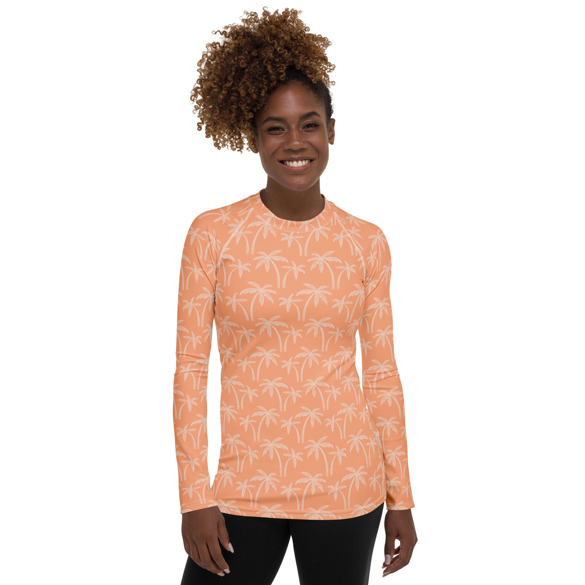 Women's Tropical Orange Palm Tree Long Sleeve Rash Guard Swim Shirt – Buttery Soft, Sun Safe UPF 50+ Protection, Quick Dry & 4-Way Stretch Comfort