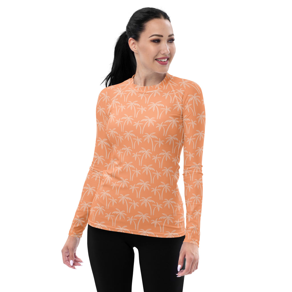 Women's Tropical Orange Palm Tree Long Sleeve Rash Guard Swim Shirt – Buttery Soft, Sun Safe UPF 50+ Protection, Quick Dry & 4-Way Stretch Comfort