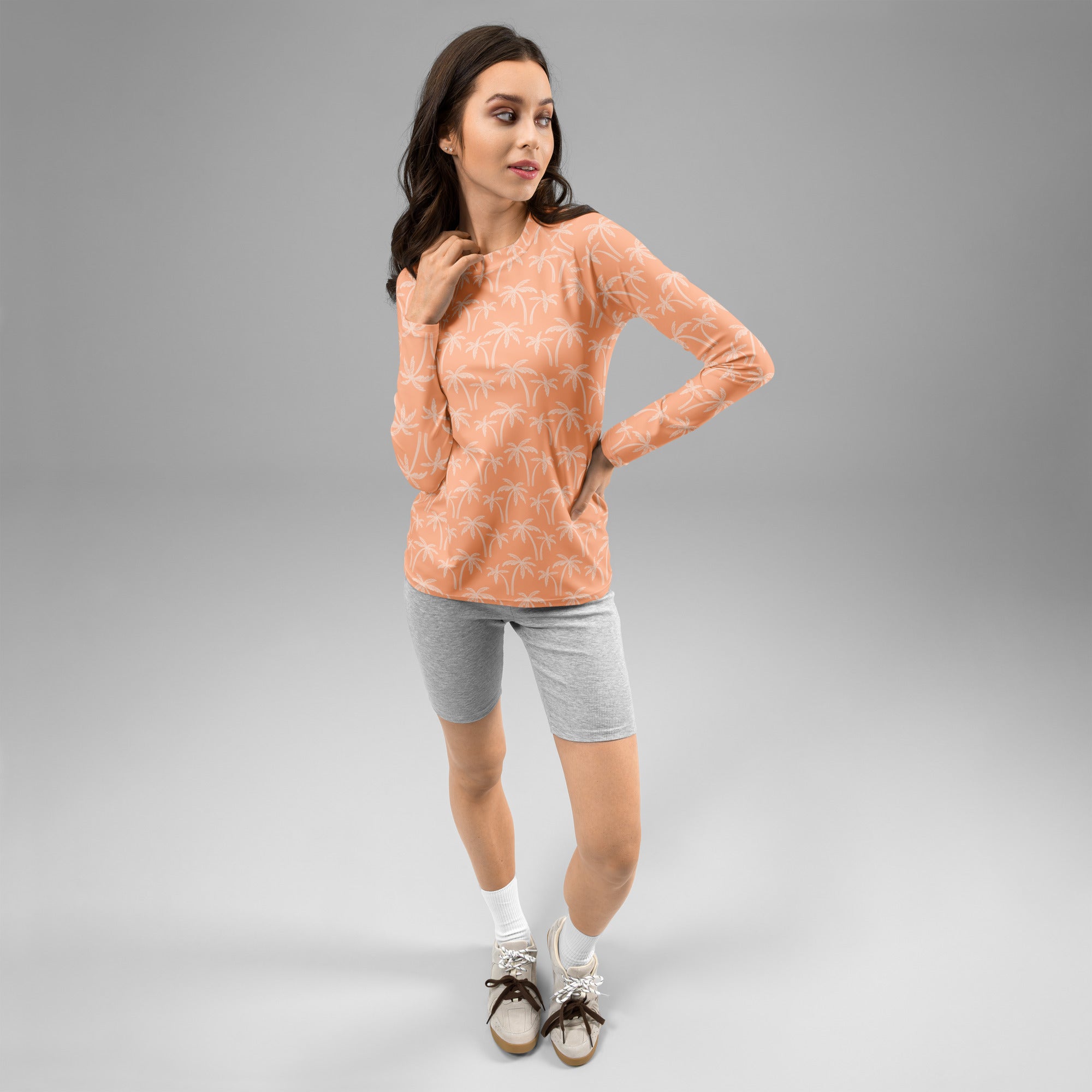 Women's Tropical Orange Palm Tree Long Sleeve Rash Guard Swim Shirt – Buttery Soft, Sun Safe UPF 50+ Protection, Quick Dry & 4-Way Stretch Comfort