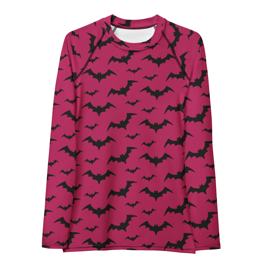 Women's Pink Bat Halloween Long Sleeve Rash Guard Swim Shirt – Buttery Soft, Sun Safe UPF 50+ Protection, Quick Dry & 4-Way Stretch Comfort