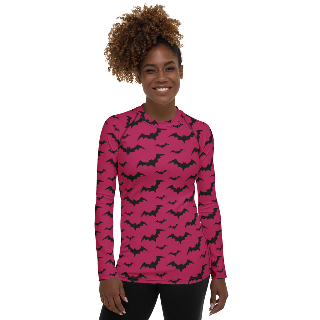 Women's Pink Bat Halloween Long Sleeve Rash Guard Swim Shirt – Buttery Soft, Sun Safe UPF 50+ Protection, Quick Dry & 4-Way Stretch Comfort