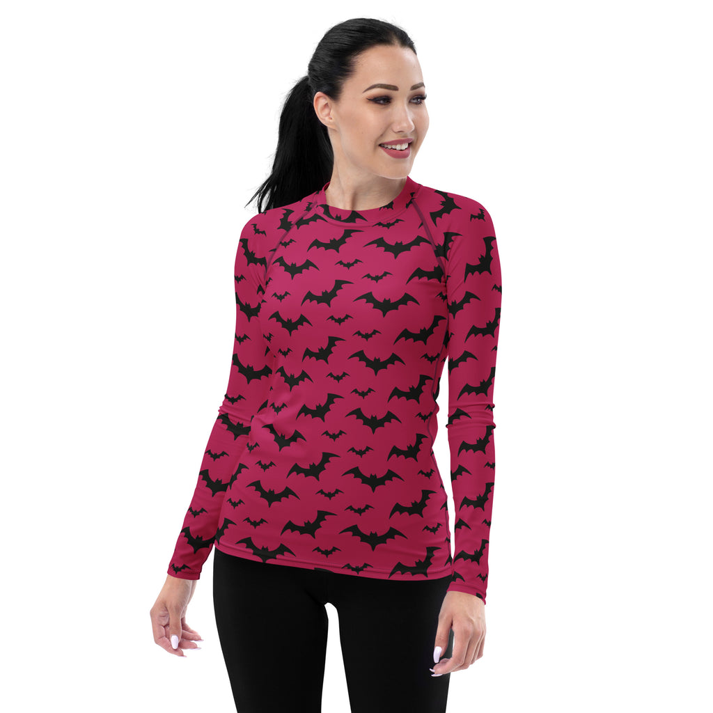 Women's Pink Bat Halloween Long Sleeve Rash Guard Swim Shirt – Buttery Soft, Sun Safe UPF 50+ Protection, Quick Dry & 4-Way Stretch Comfort