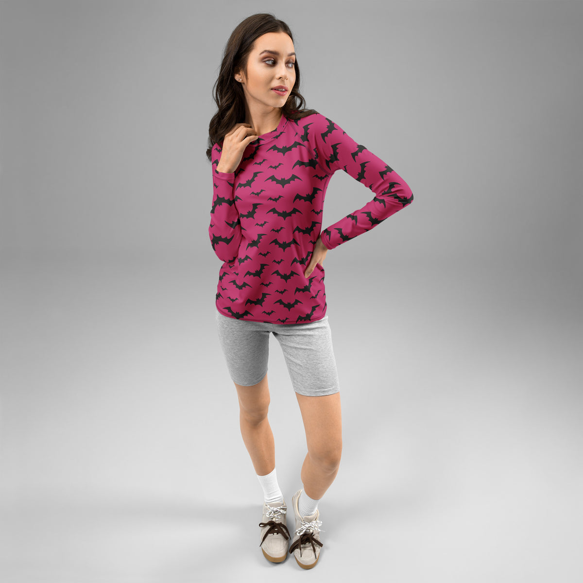 Women's Pink Bat Halloween Long Sleeve Rash Guard Swim Shirt – Buttery Soft, Sun Safe UPF 50+ Protection, Quick Dry & 4-Way Stretch Comfort