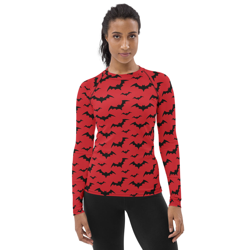 Women's Red Bat Halloween Long Sleeve Rash Guard Swim Shirt – Buttery Soft, Sun Safe UPF 50+ Protection, Quick Dry & 4-Way Stretch Comfort