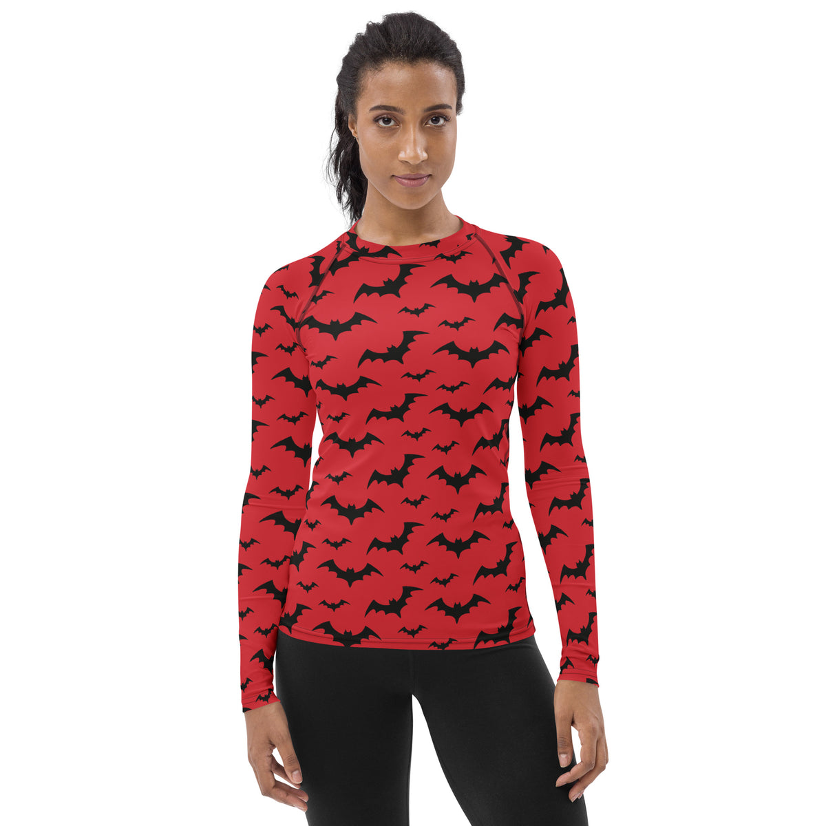 Women's Red Bat Halloween Long Sleeve Rash Guard Swim Shirt – Buttery Soft, Sun Safe UPF 50+ Protection, Quick Dry & 4-Way Stretch Comfort