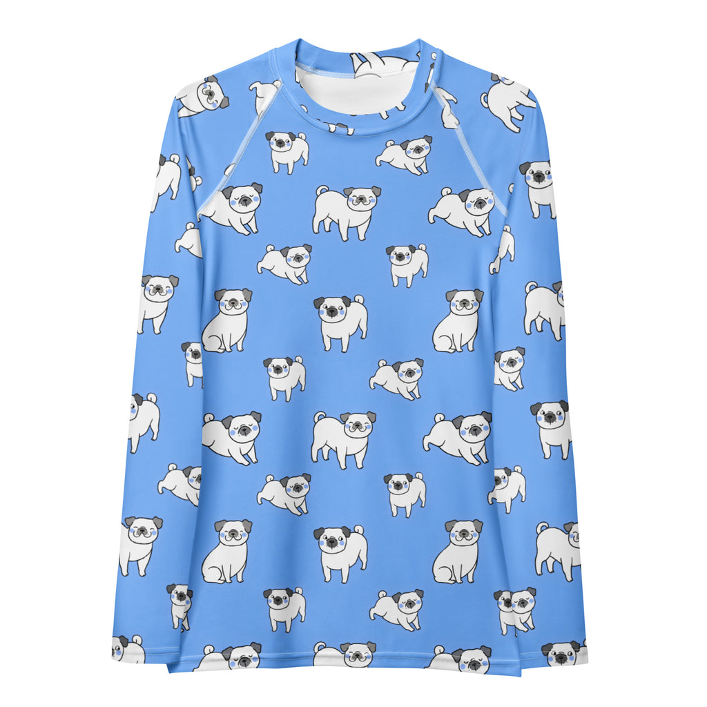 Women's Blue Pug Long Sleeve Rash Guard Swim Shirt – Buttery Soft, Sun Safe UPF 50+ Protection, Quick Dry & 4-Way Stretch Comfort