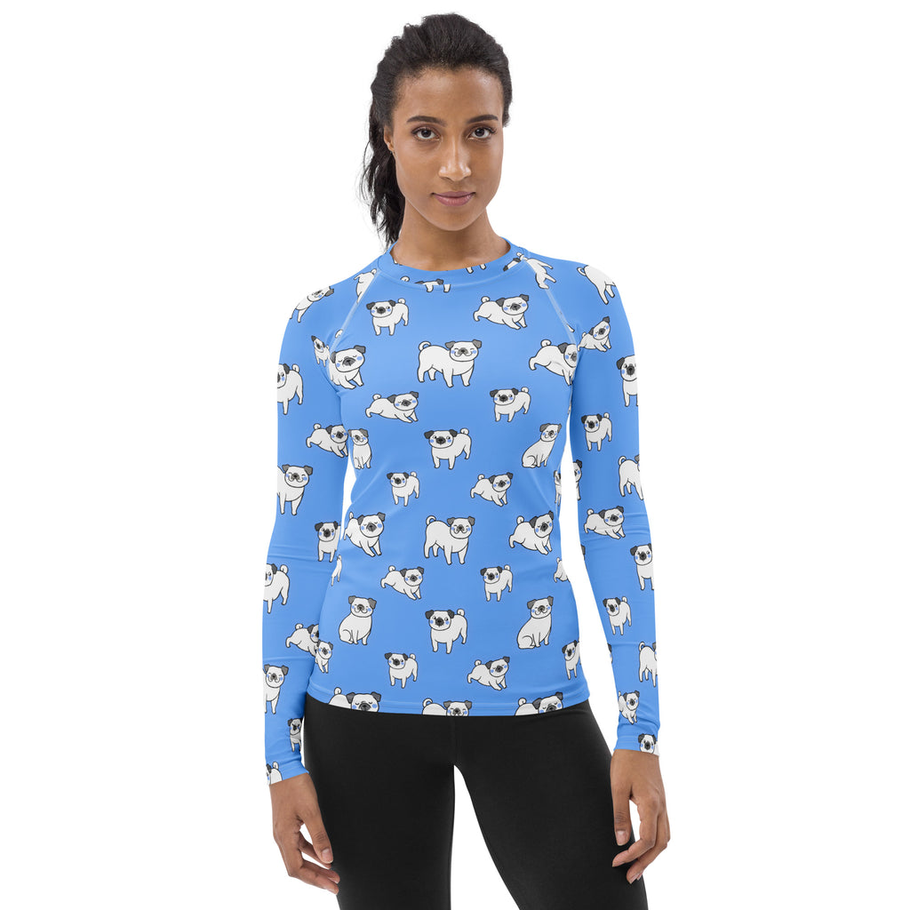 Women's Blue Pug Long Sleeve Rash Guard Swim Shirt – Buttery Soft, Sun Safe UPF 50+ Protection, Quick Dry & 4-Way Stretch Comfort