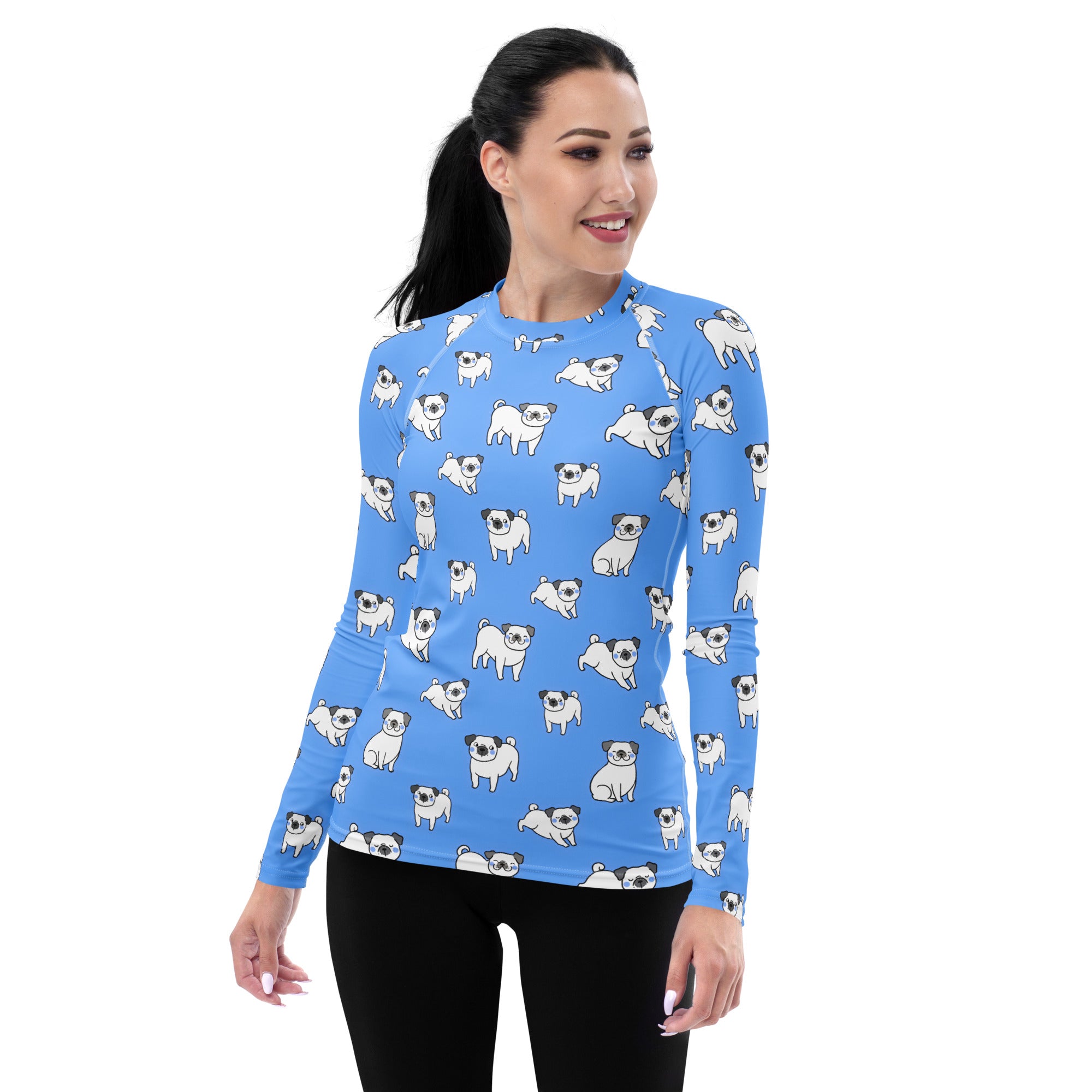 Women's Blue Pug Long Sleeve Rash Guard Swim Shirt – Buttery Soft, Sun Safe UPF 50+ Protection, Quick Dry & 4-Way Stretch Comfort