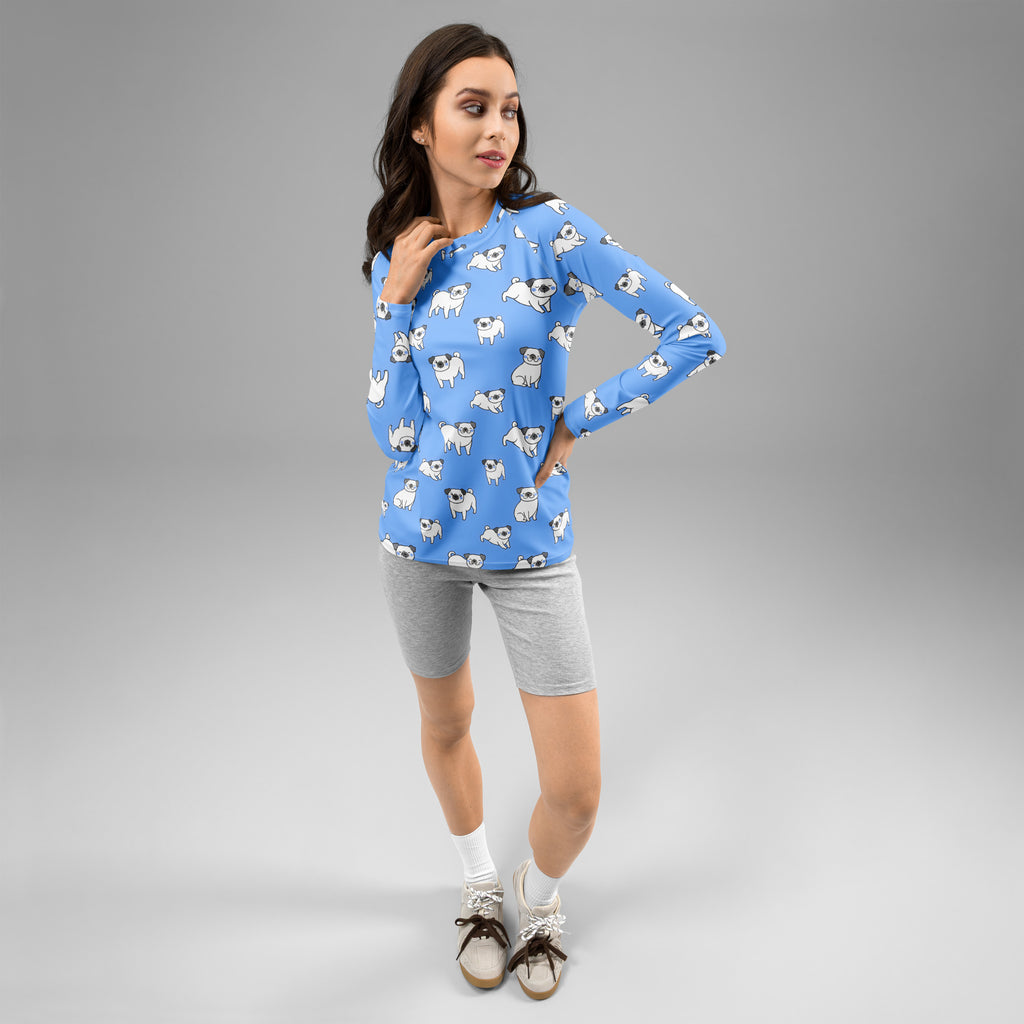 Women's Blue Pug Long Sleeve Rash Guard Swim Shirt – Buttery Soft, Sun Safe UPF 50+ Protection, Quick Dry & 4-Way Stretch Comfort