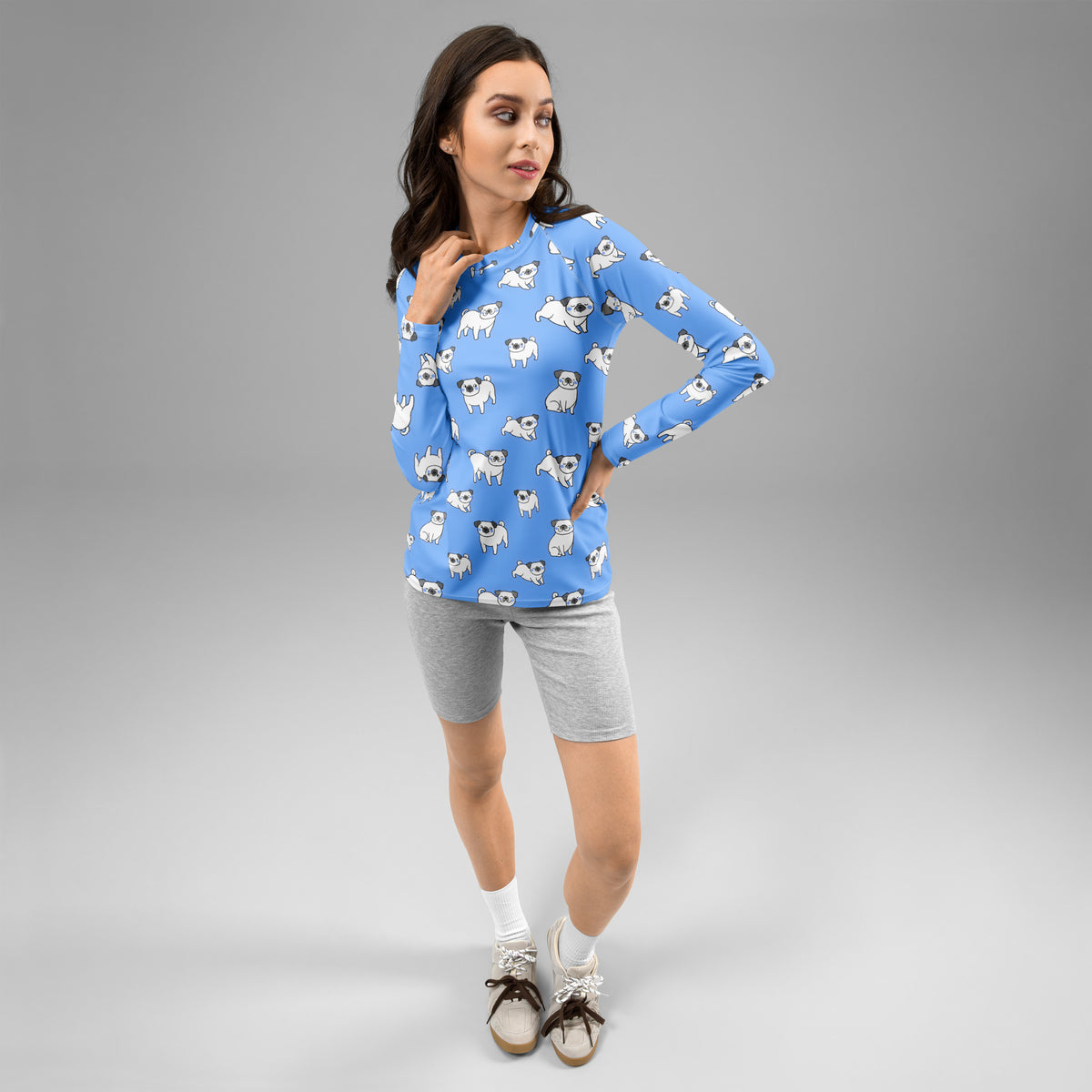 Women's Blue Pug Long Sleeve Rash Guard Swim Shirt – Buttery Soft, Sun Safe UPF 50+ Protection, Quick Dry & 4-Way Stretch Comfort