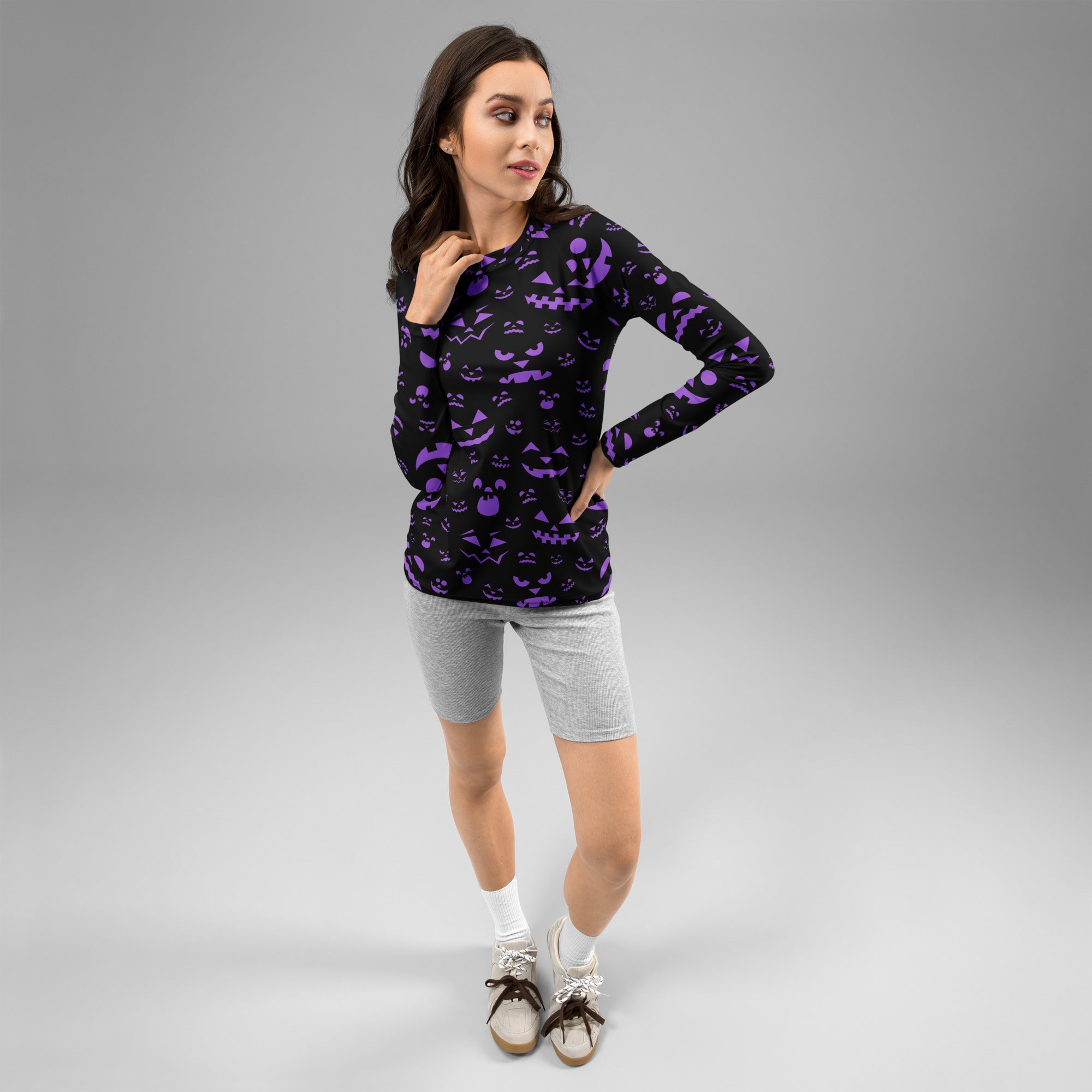 Women's Purple Jack O’ Lantern Long Sleeve Rash Guard Swim Shirt – Buttery Soft, Sun Safe UPF 50+ Protection, Quick Dry & 4-Way Stretch Comfort