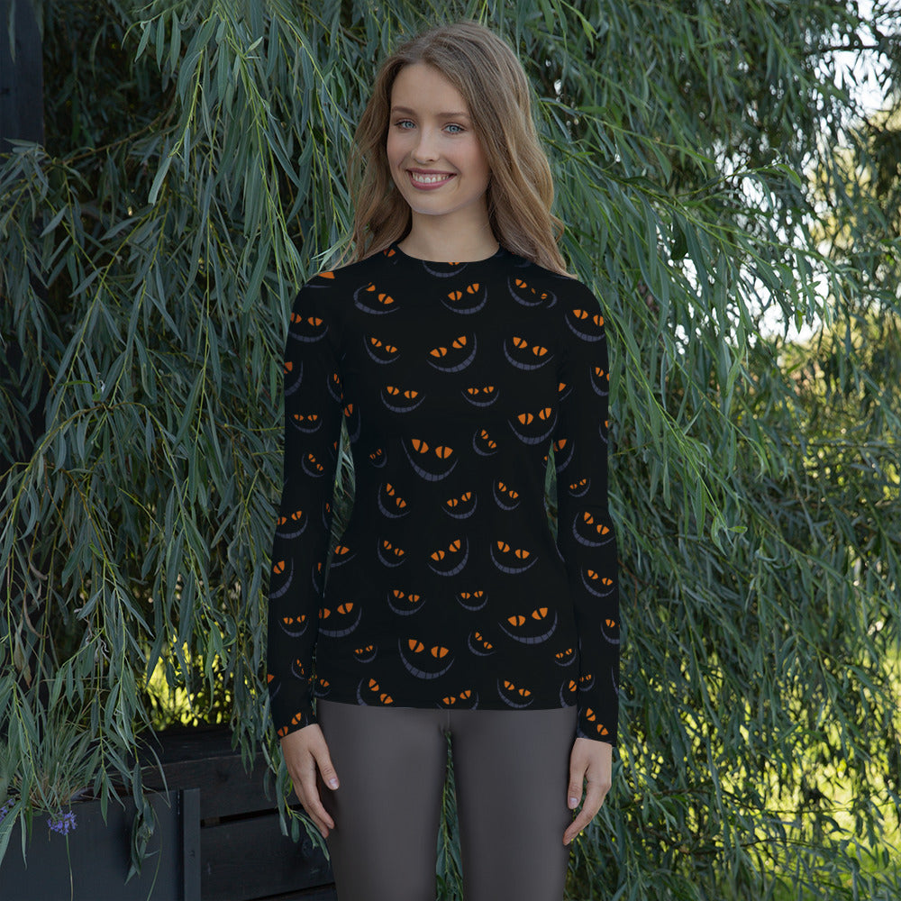 Women's Spooky Cat Smile Long Sleeve Rash Guard Swim Shirt – Buttery Soft, Sun Safe UPF 50+ Protection, Quick Dry & 4-Way Stretch Comfort