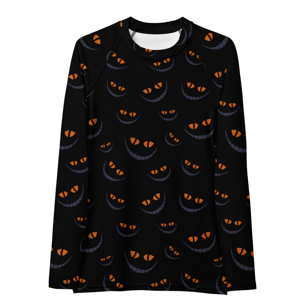 Women's Spooky Cat Smile Long Sleeve Rash Guard Swim Shirt – Buttery Soft, Sun Safe UPF 50+ Protection, Quick Dry & 4-Way Stretch Comfort