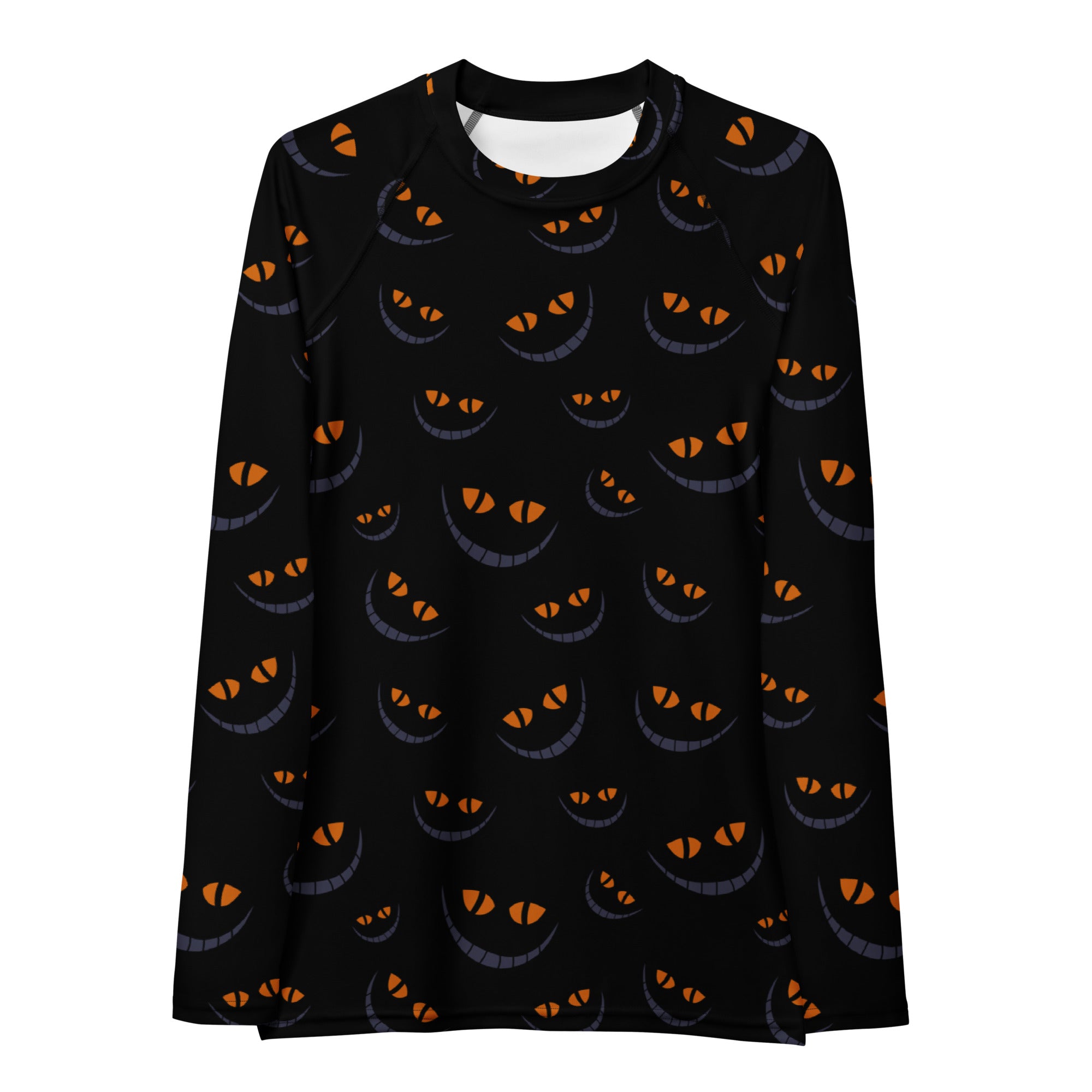 Women's Spooky Cat Smile Long Sleeve Rash Guard Swim Shirt – Buttery Soft, Sun Safe UPF 50+ Protection, Quick Dry & 4-Way Stretch Comfort