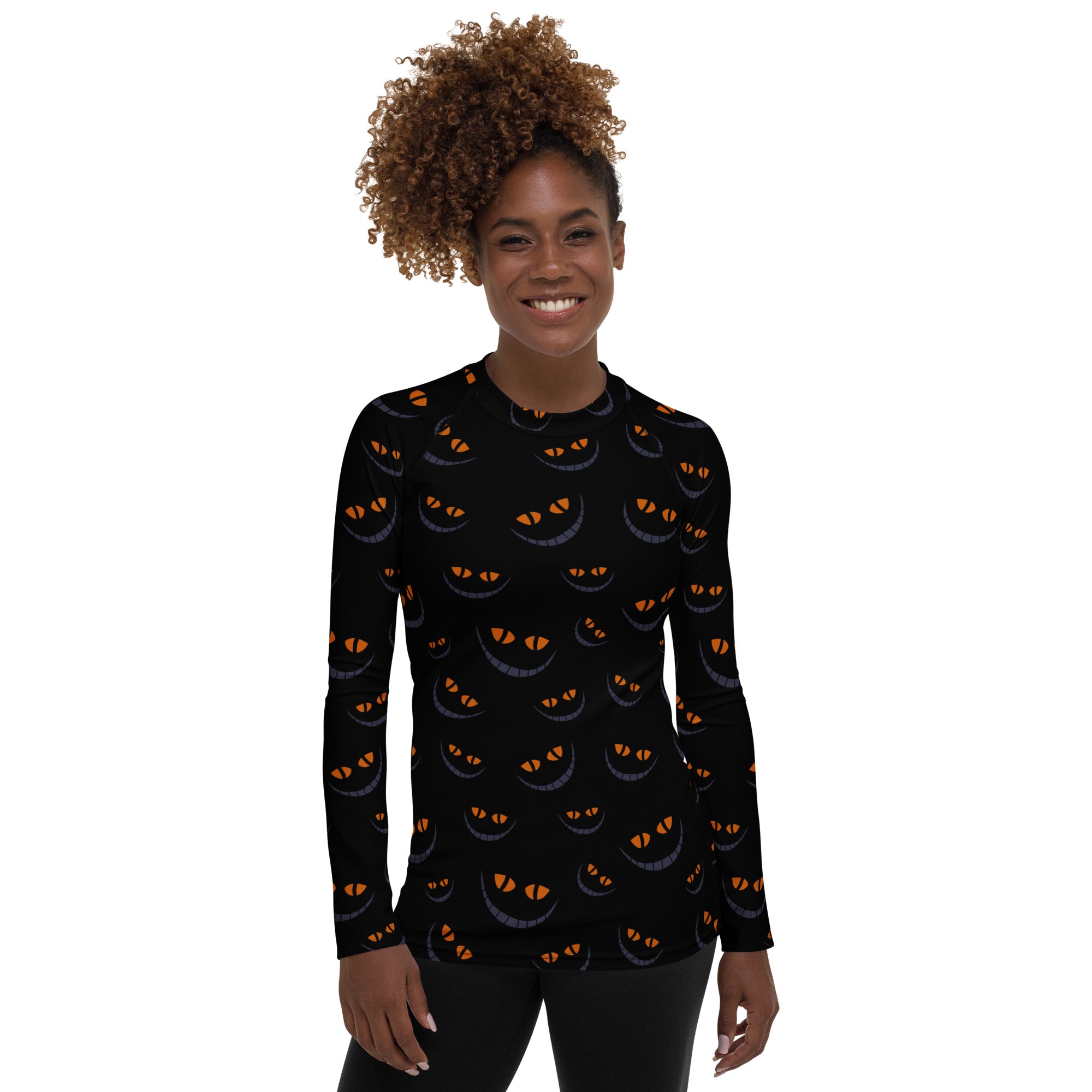 Women's Spooky Cat Smile Long Sleeve Rash Guard Swim Shirt – Buttery Soft, Sun Safe UPF 50+ Protection, Quick Dry & 4-Way Stretch Comfort
