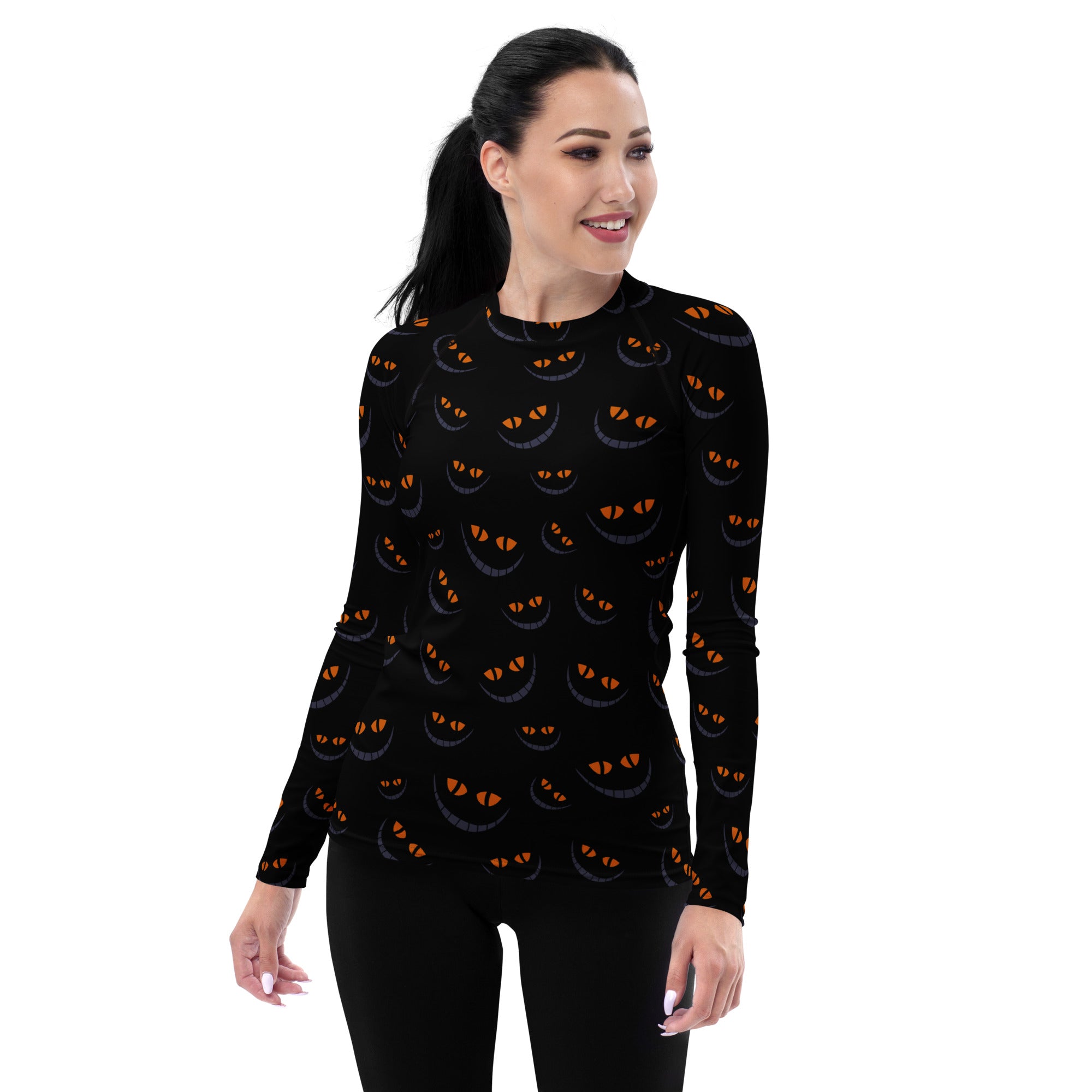 Women's Spooky Cat Smile Long Sleeve Rash Guard Swim Shirt – Buttery Soft, Sun Safe UPF 50+ Protection, Quick Dry & 4-Way Stretch Comfort