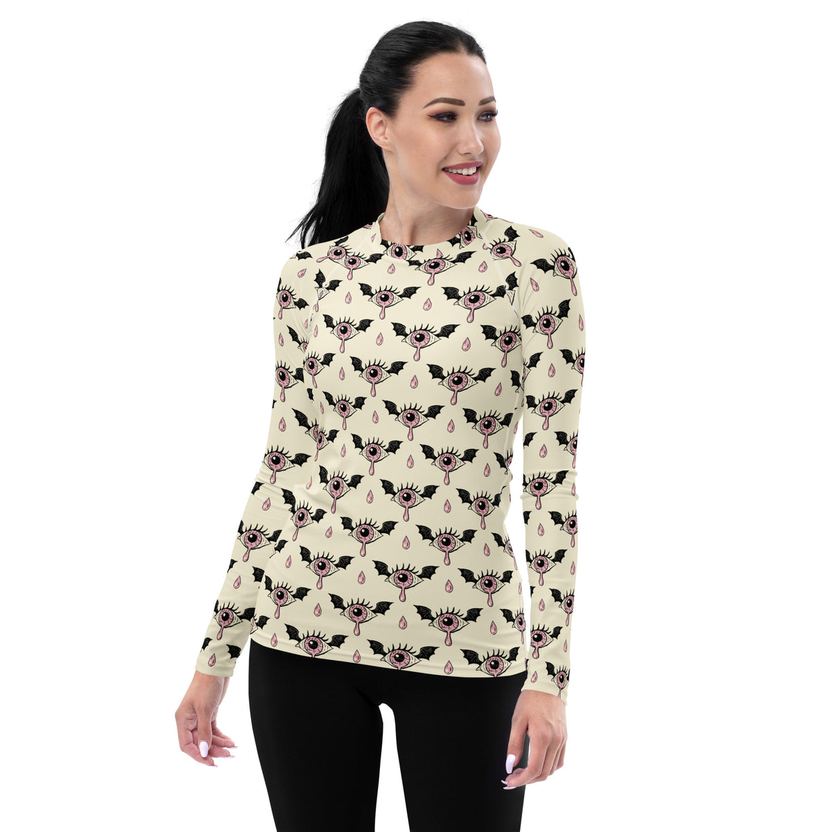 Women's Gothic Bat Eye Long Sleeve Rash Guard Swim Shirt – Buttery Soft, Sun Safe UPF 50+ Protection, Quick Dry & 4-Way Stretch Comfort