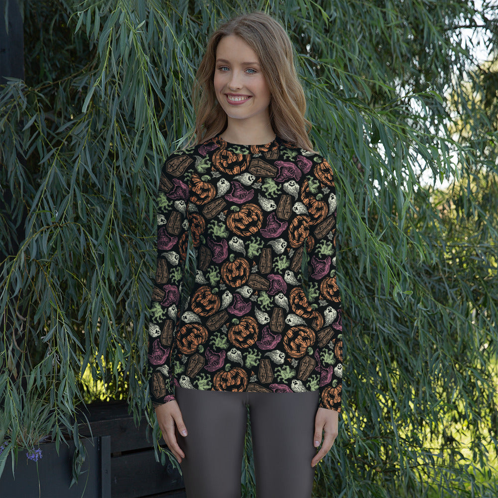 Women's Vintage Halloween Long Sleeve Rash Guard Swim Shirt – Buttery Soft, Sun Safe UPF 50+ Protection, Quick Dry & 4-Way Stretch Comfort
