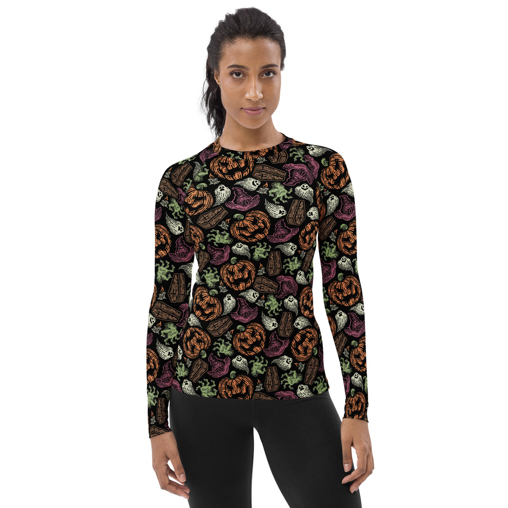 Women's Vintage Halloween Long Sleeve Rash Guard Swim Shirt – Buttery Soft, Sun Safe UPF 50+ Protection, Quick Dry & 4-Way Stretch Comfort