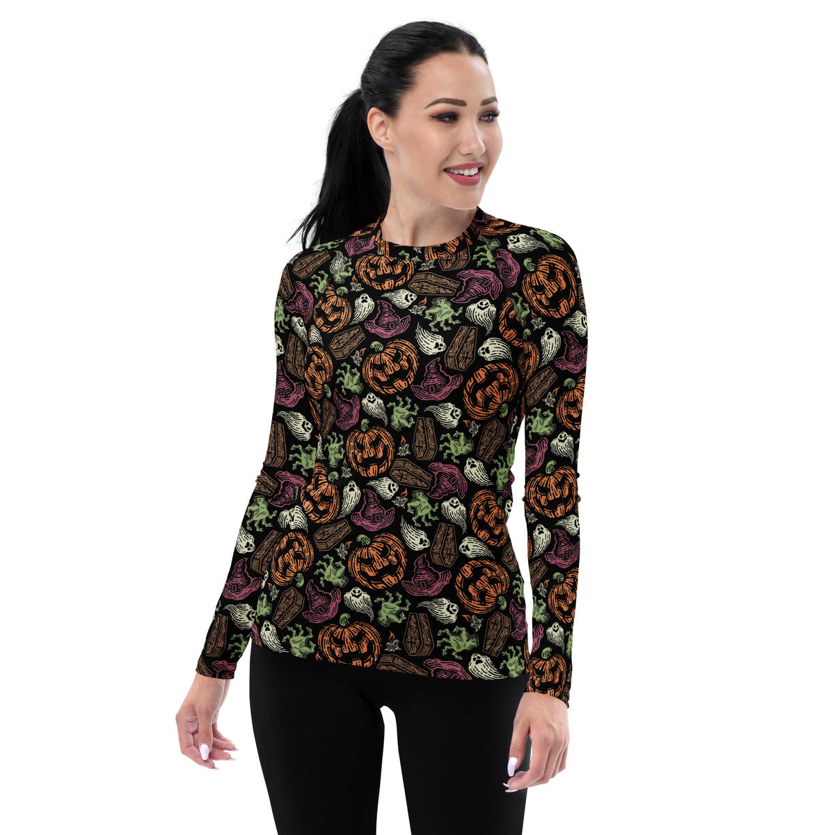 Women's Vintage Halloween Long Sleeve Rash Guard Swim Shirt – Buttery Soft, Sun Safe UPF 50+ Protection, Quick Dry & 4-Way Stretch Comfort