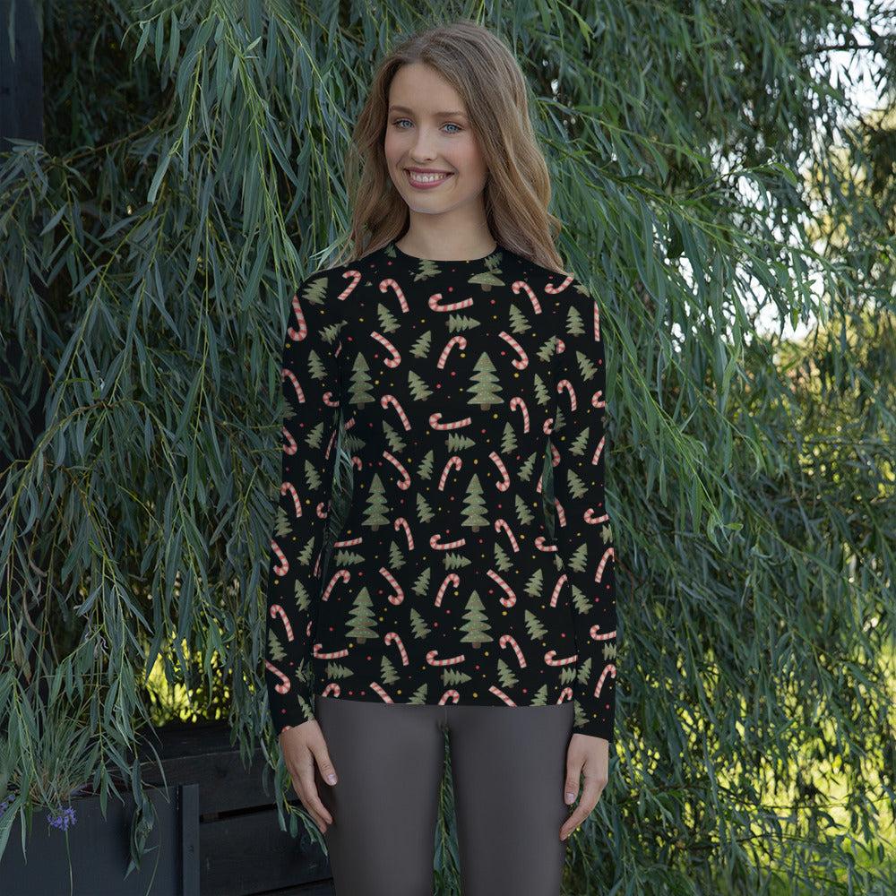 Women's Candy Cane Christmas Tree Long Sleeve Rash Guard Swim Shirt – Buttery Soft, Sun Safe UPF 50+ Protection, Quick Dry & 4-Way Stretch Comfort