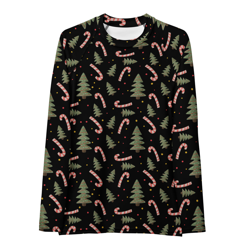 Women's Candy Cane Christmas Tree Long Sleeve Rash Guard Swim Shirt – Buttery Soft, Sun Safe UPF 50+ Protection, Quick Dry & 4-Way Stretch Comfort
