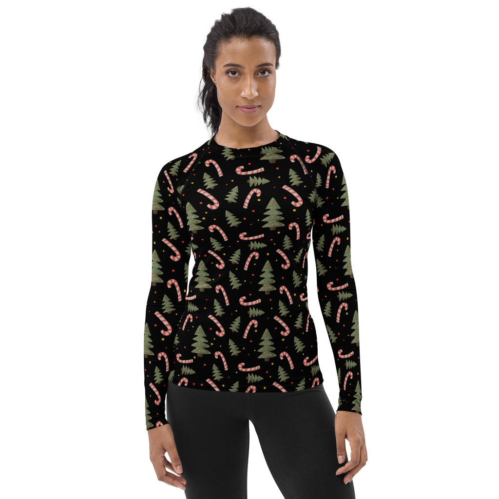 Women's Candy Cane Christmas Tree Long Sleeve Rash Guard Swim Shirt – Buttery Soft, Sun Safe UPF 50+ Protection, Quick Dry & 4-Way Stretch Comfort