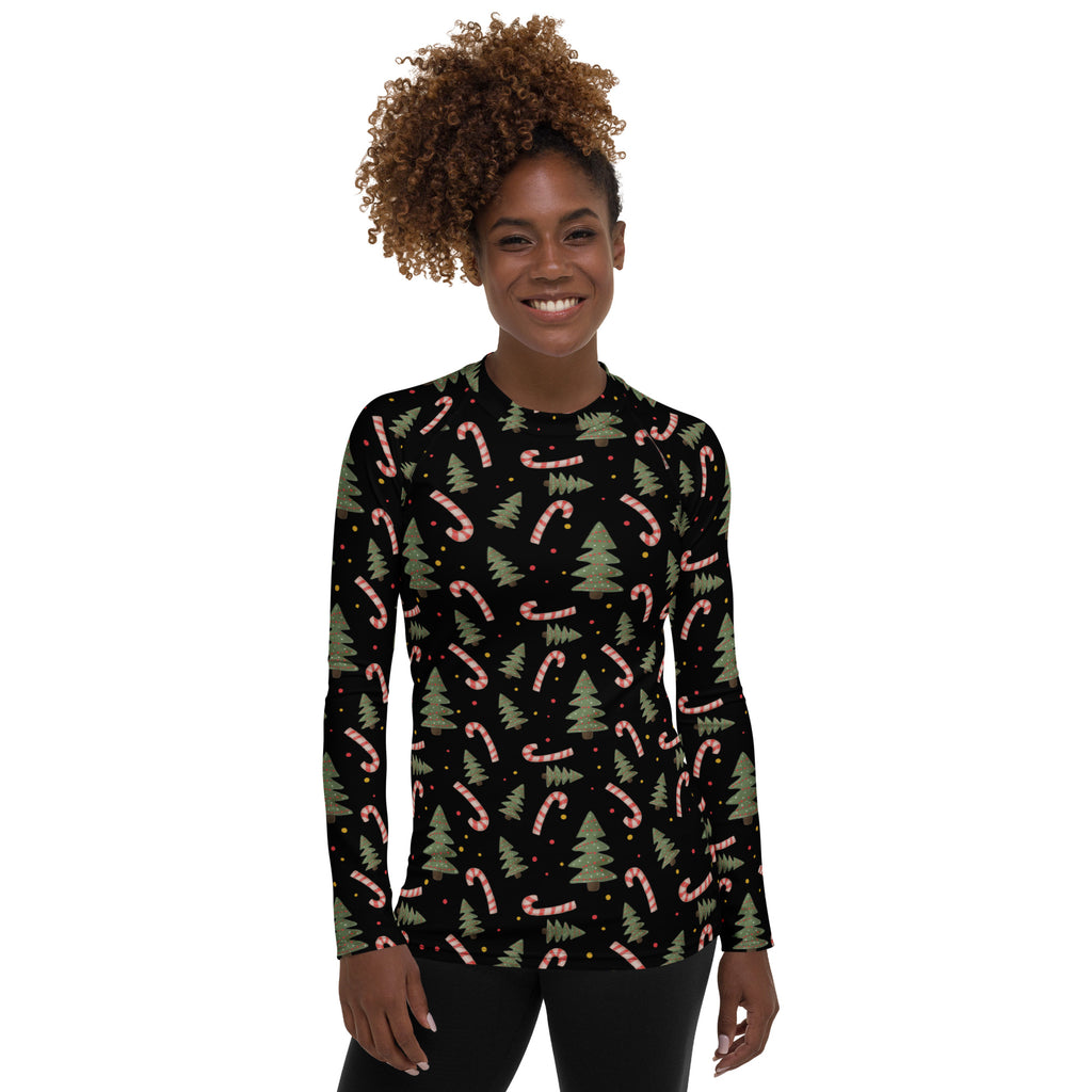 Women's Candy Cane Christmas Tree Long Sleeve Rash Guard Swim Shirt – Buttery Soft, Sun Safe UPF 50+ Protection, Quick Dry & 4-Way Stretch Comfort