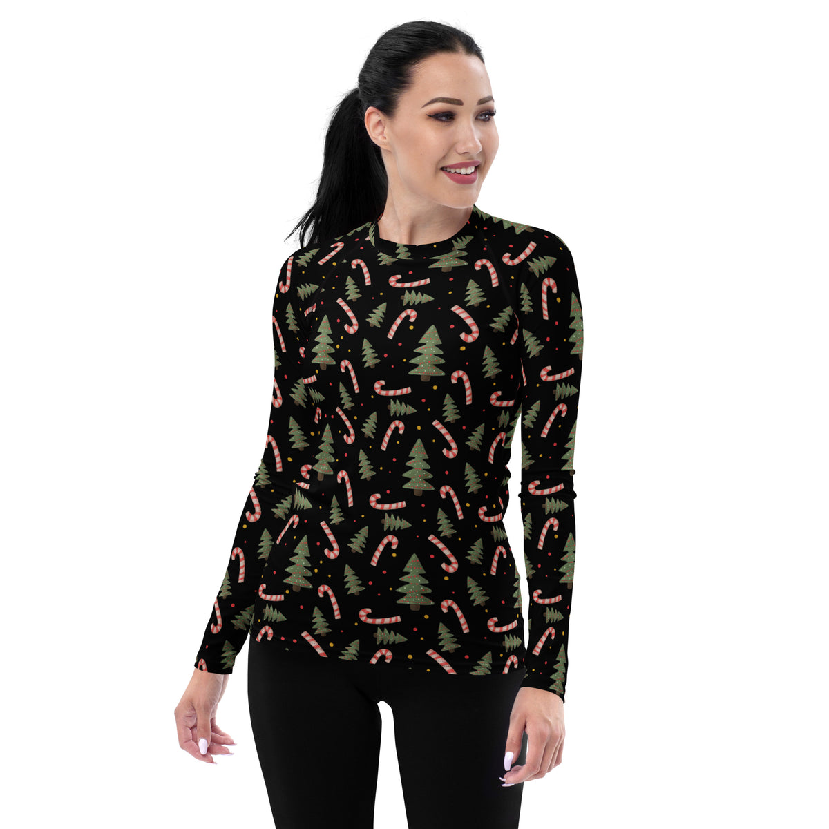 Women's Candy Cane Christmas Tree Long Sleeve Rash Guard Swim Shirt – Buttery Soft, Sun Safe UPF 50+ Protection, Quick Dry & 4-Way Stretch Comfort