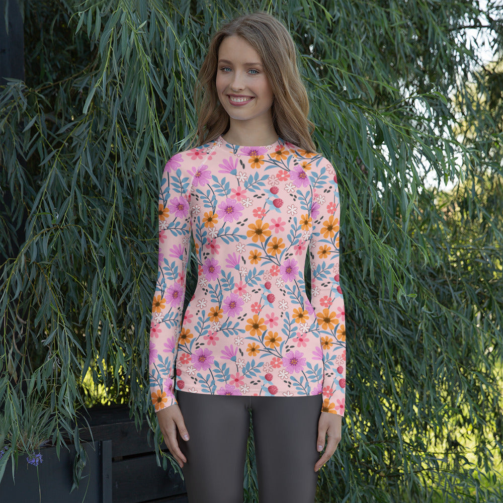 Women's Pink Floral Long Sleeve Rash Guard Swim Shirt – Buttery Soft, Sun Safe UPF 50+ Protection, Quick Dry & 4-Way Stretch Comfort