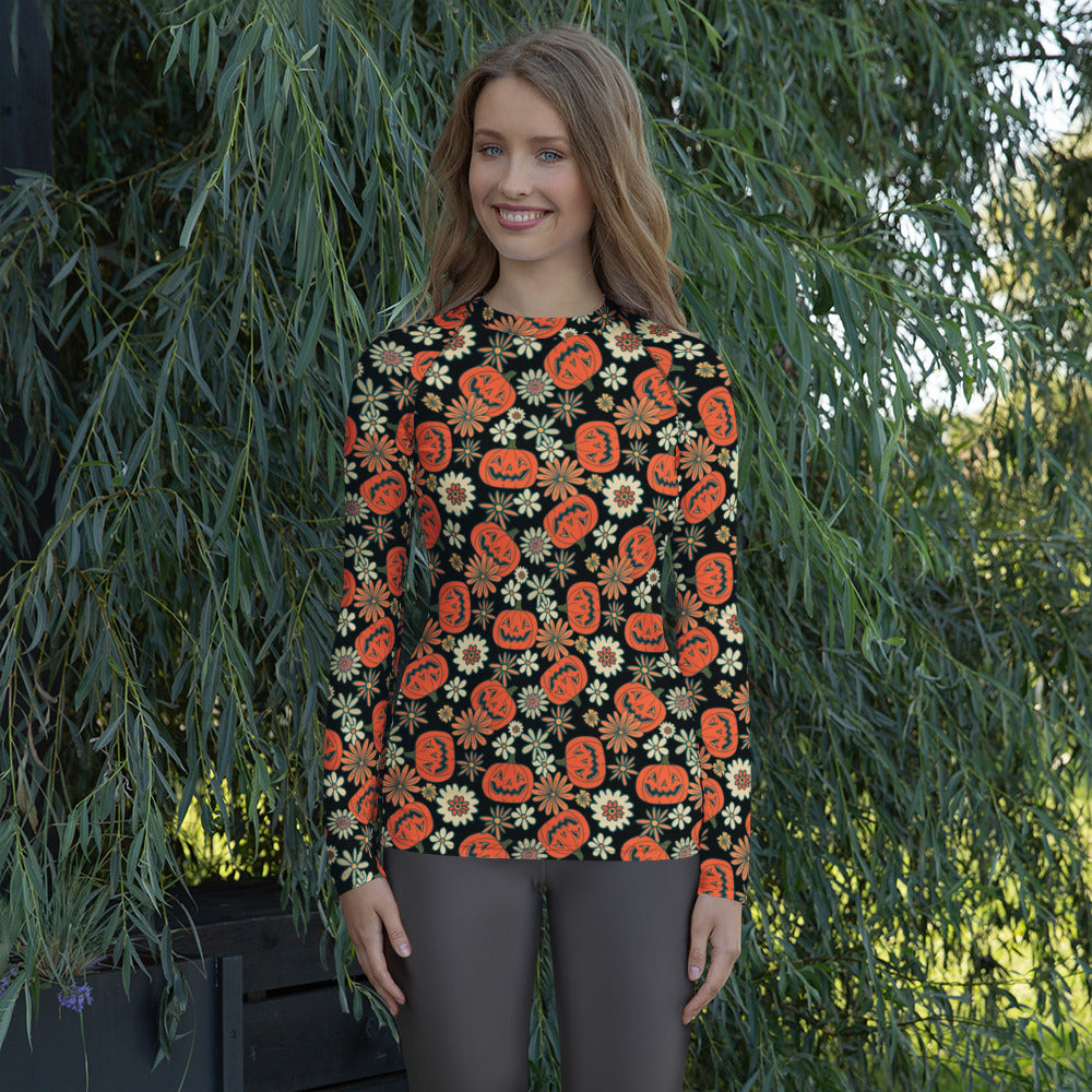 Women's Vintage Halloween Pumpkin Long Sleeve Rash Guard Swim Shirt – Buttery Soft, Sun Safe UPF 50+ Protection, Quick Dry & 4-Way Stretch Comfort