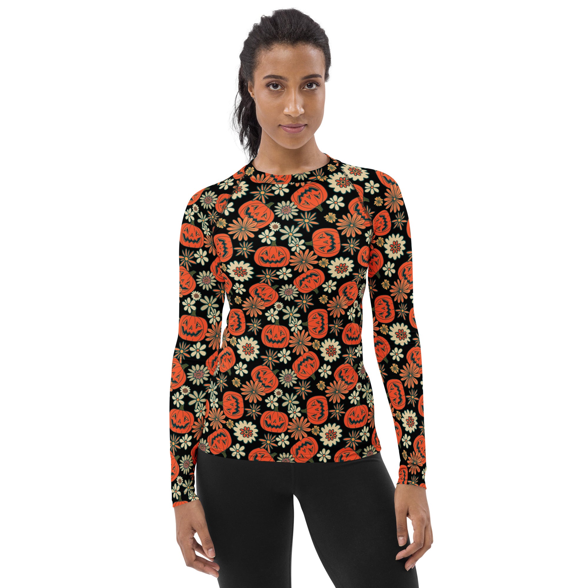 Women's Vintage Halloween Pumpkin Long Sleeve Rash Guard Swim Shirt – Buttery Soft, Sun Safe UPF 50+ Protection, Quick Dry & 4-Way Stretch Comfort