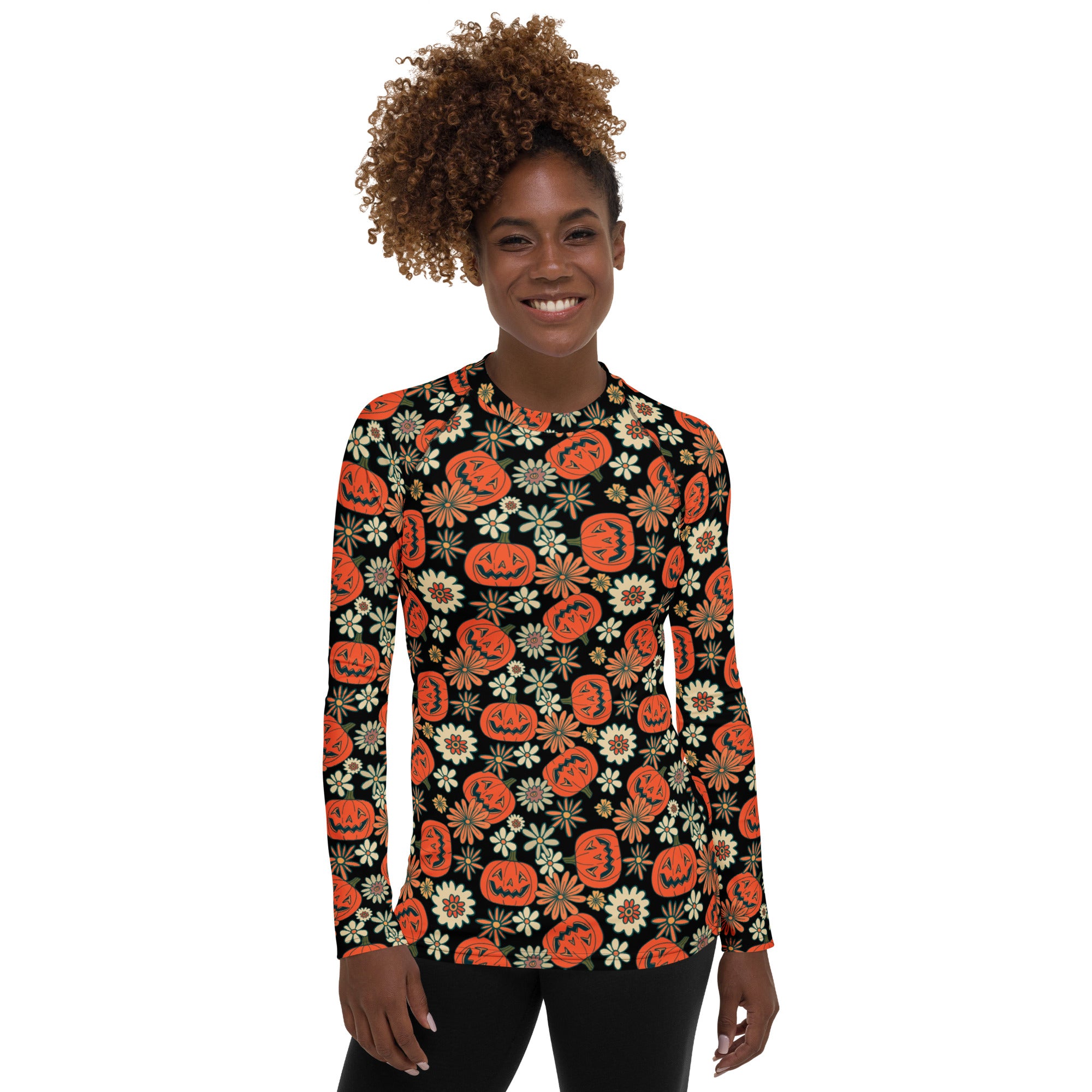 Women's Vintage Halloween Pumpkin Long Sleeve Rash Guard Swim Shirt – Buttery Soft, Sun Safe UPF 50+ Protection, Quick Dry & 4-Way Stretch Comfort