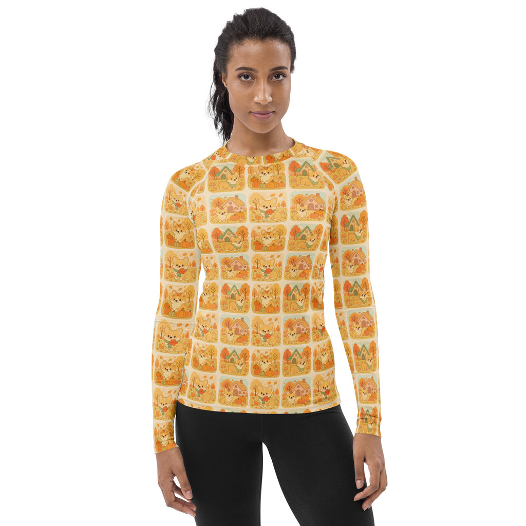 Women's Autumn Corgi Long Sleeve Rash Guard Swim Shirt – Buttery Soft, Sun Safe UPF 50+ Protection, Quick Dry & 4-Way Stretch Comfort