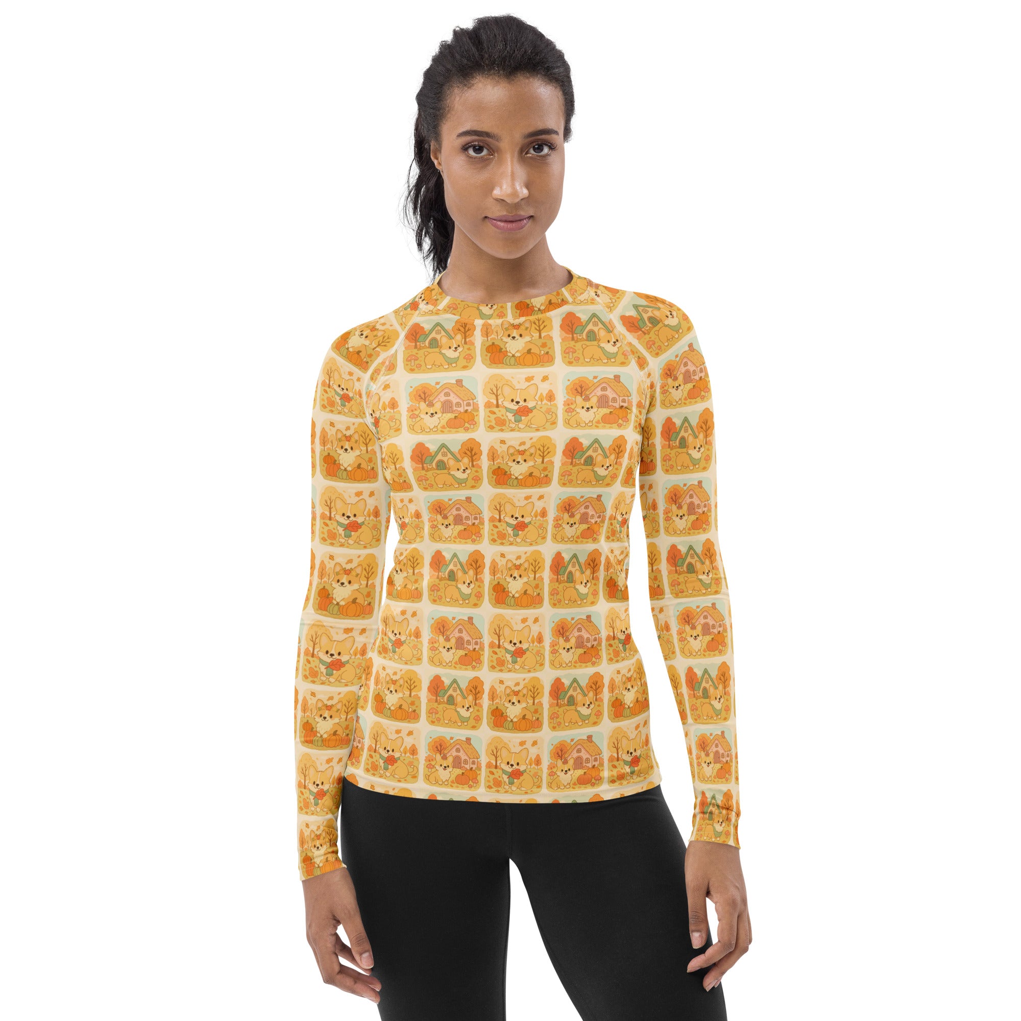 Women's Autumn Corgi Long Sleeve Rash Guard Swim Shirt – Buttery Soft, Sun Safe UPF 50+ Protection, Quick Dry & 4-Way Stretch Comfort
