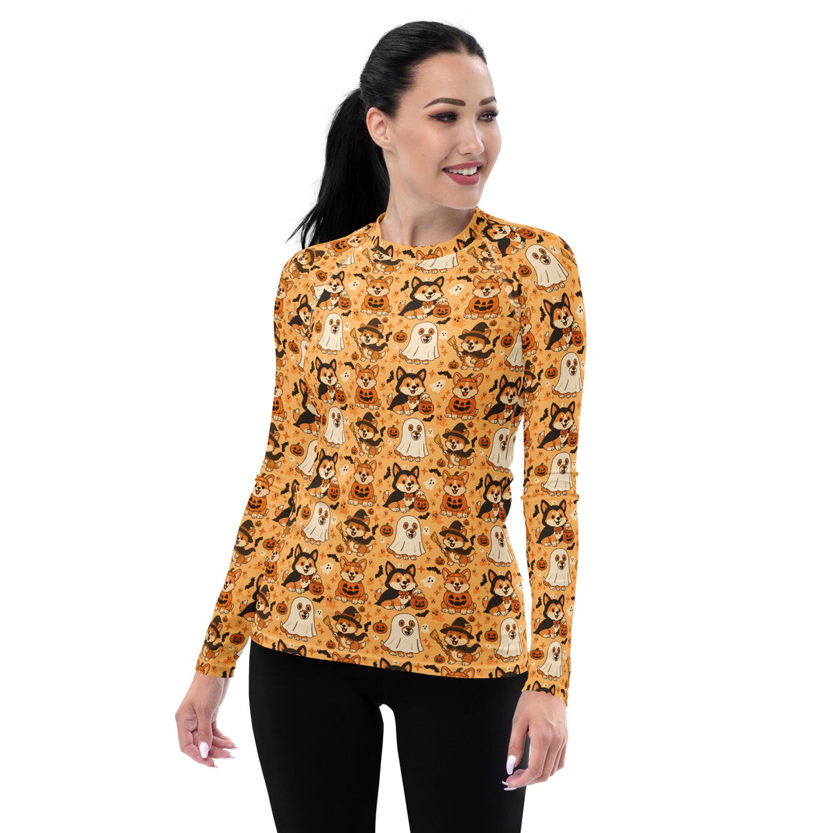 Women's Corgi Halloween Long Sleeve Rash Guard Swim Shirt – Buttery Soft, Sun Safe UPF 50+ Protection, Quick Dry & 4-Way Stretch Comfort