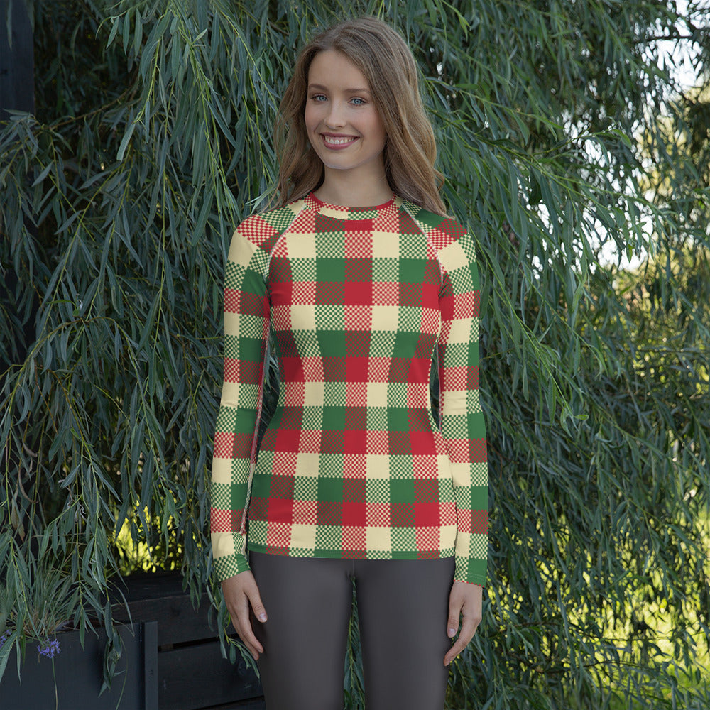 Women's Christmas Plaid Long Sleeve Rash Guard Swim Shirt – Buttery Soft, Sun Safe UPF 50+ Protection, Quick Dry & 4-Way Stretch Comfort