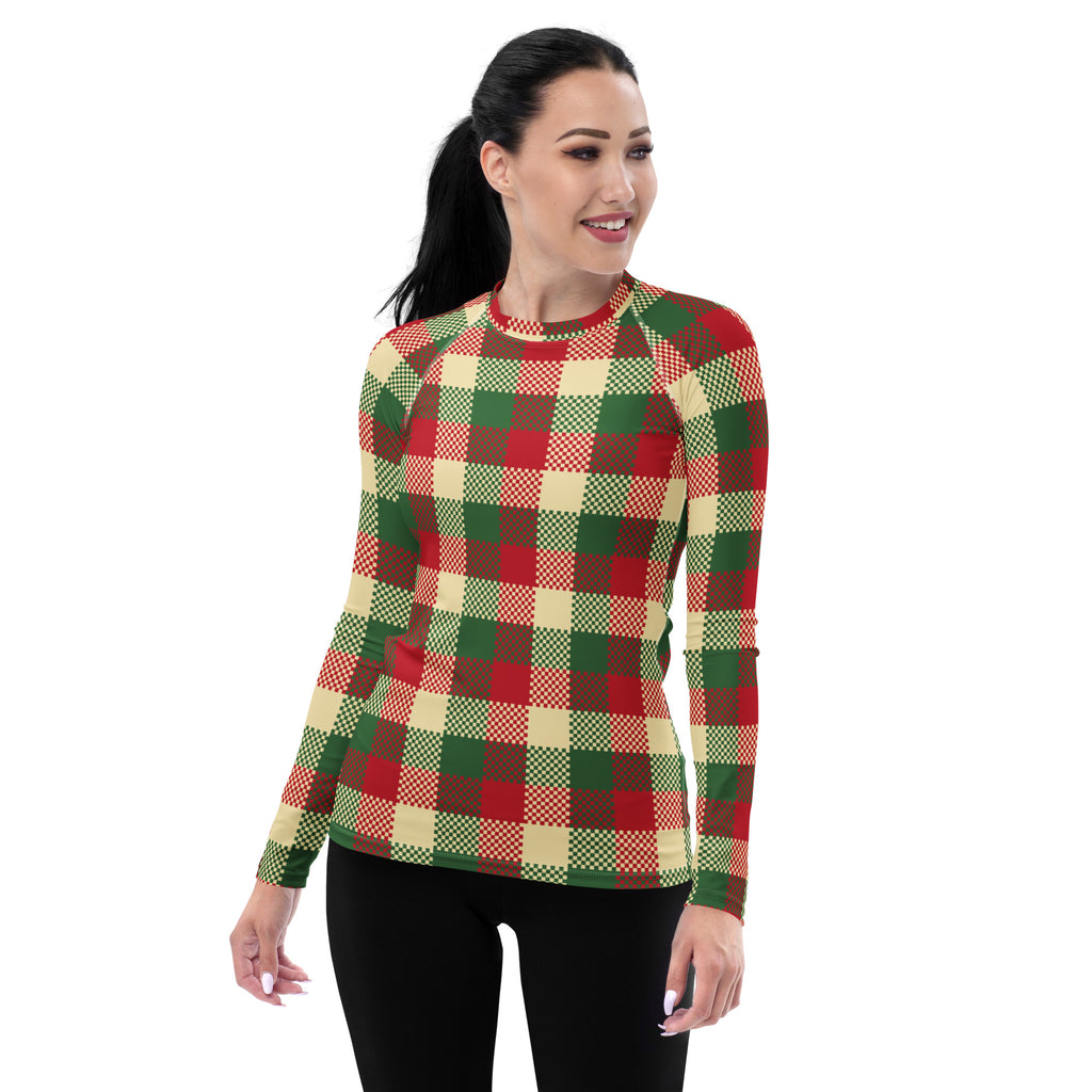 Women's Christmas Plaid Long Sleeve Rash Guard Swim Shirt – Buttery Soft, Sun Safe UPF 50+ Protection, Quick Dry & 4-Way Stretch Comfort