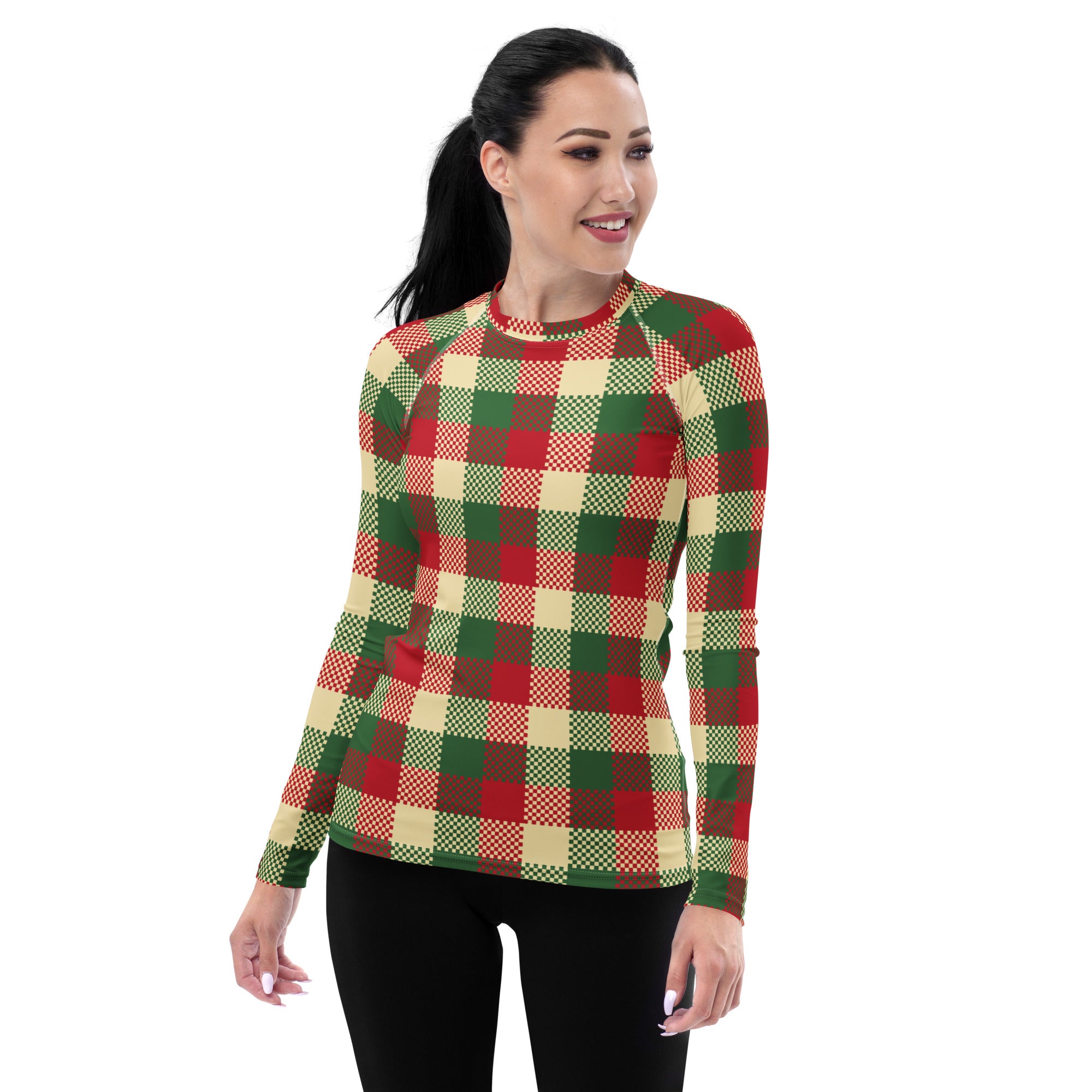 Women's Christmas Plaid Long Sleeve Rash Guard Swim Shirt – Buttery Soft, Sun Safe UPF 50+ Protection, Quick Dry & 4-Way Stretch Comfort