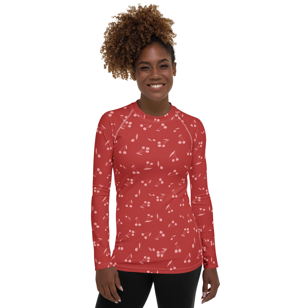 Women's Red Cherry Long Sleeve Rash Guard Swim Shirt – Buttery Soft, Sun Safe UPF 50+ Protection, Quick Dry & 4-Way Stretch Comfort