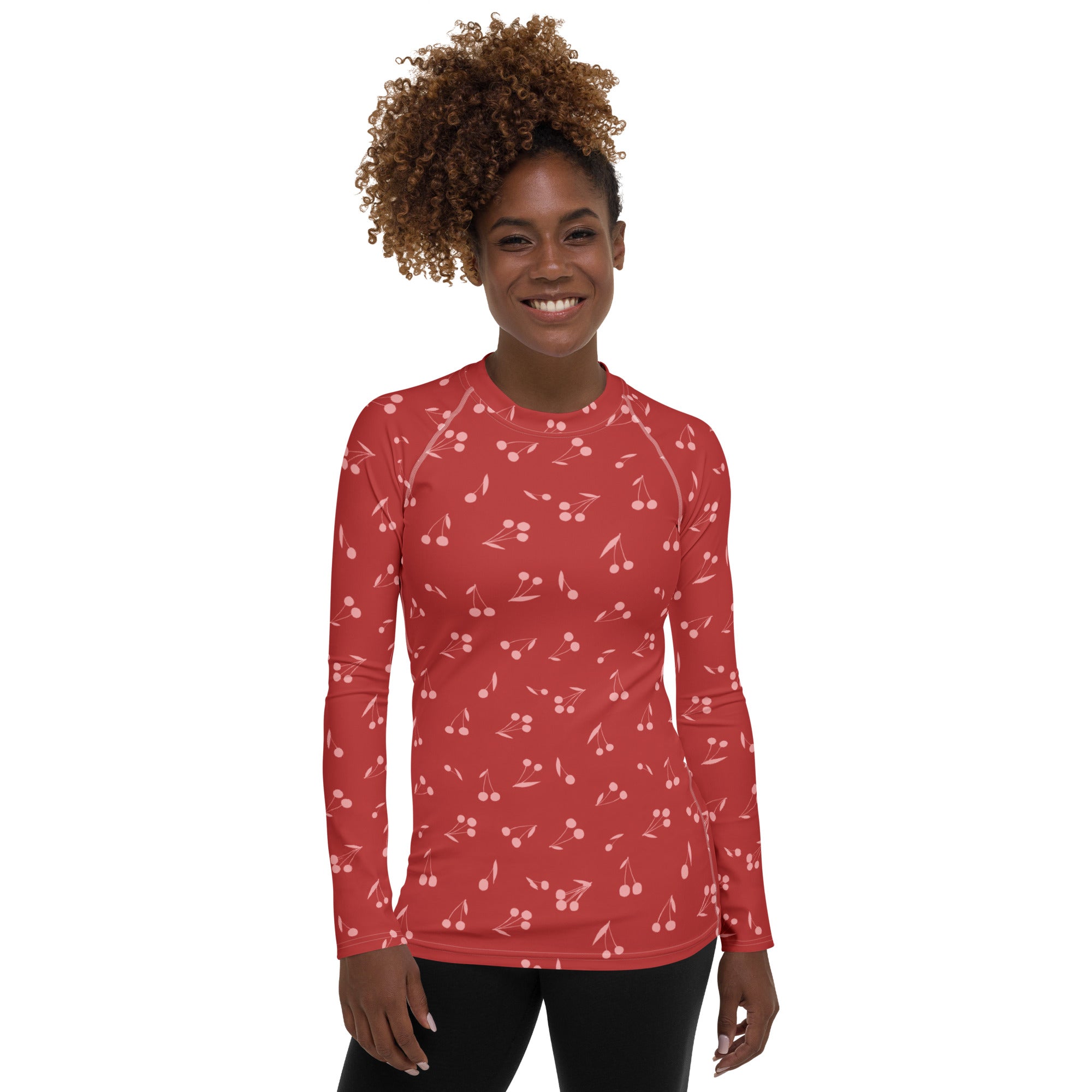 Women's Red Cherry Long Sleeve Rash Guard Swim Shirt – Buttery Soft, Sun Safe UPF 50+ Protection, Quick Dry & 4-Way Stretch Comfort